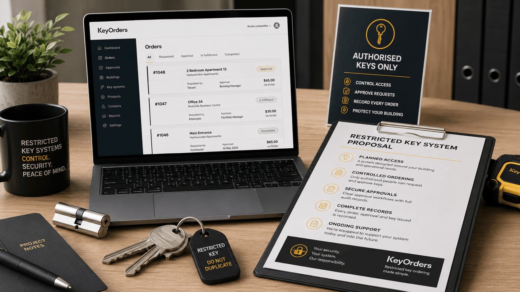 Restricted key system proposal showing hardware, access planning and ongoing key ordering